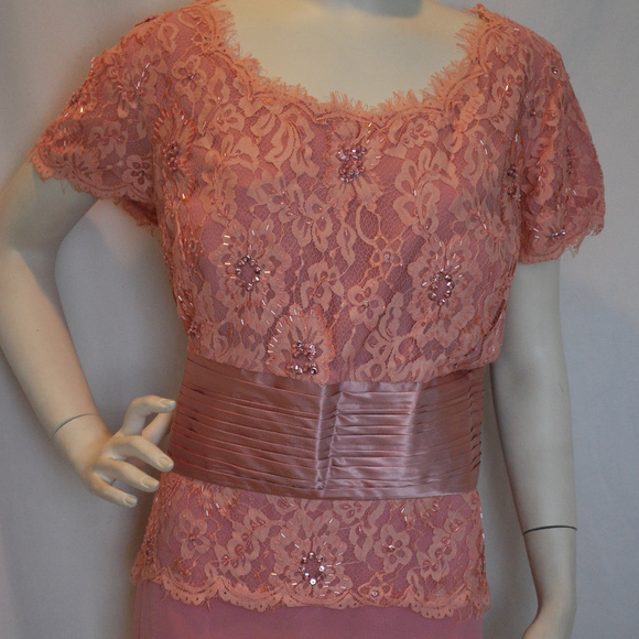 Long Pink Mothers Gown Lace Chiffon Satin Trim SS - Picture 3 of 8